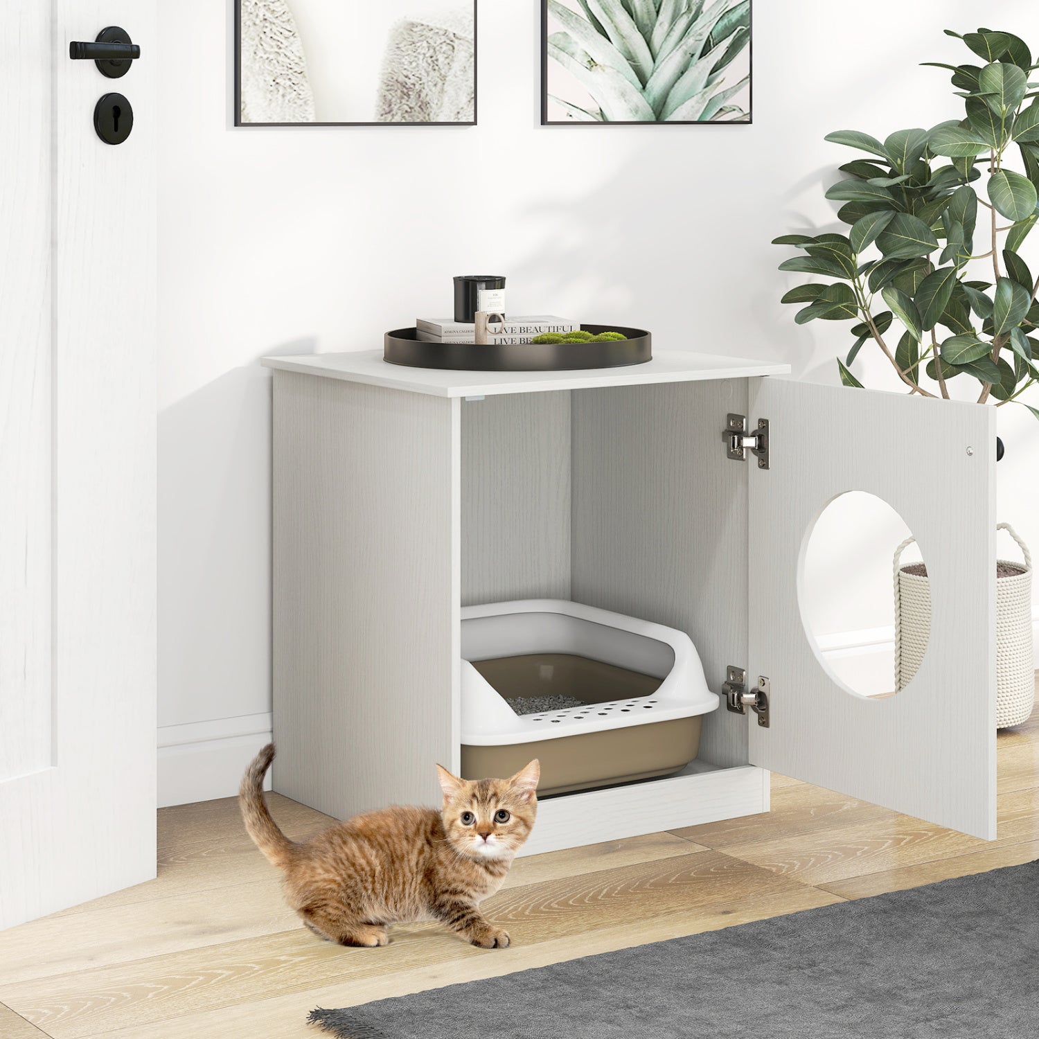 Modern Cat Litter Box Enclosure for Small to Large Cats-White