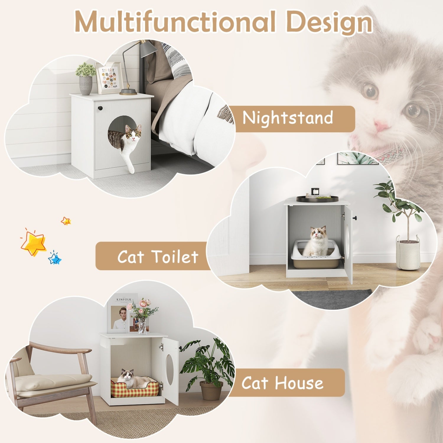 Modern Cat Litter Box Enclosure for Small to Large Cats-White