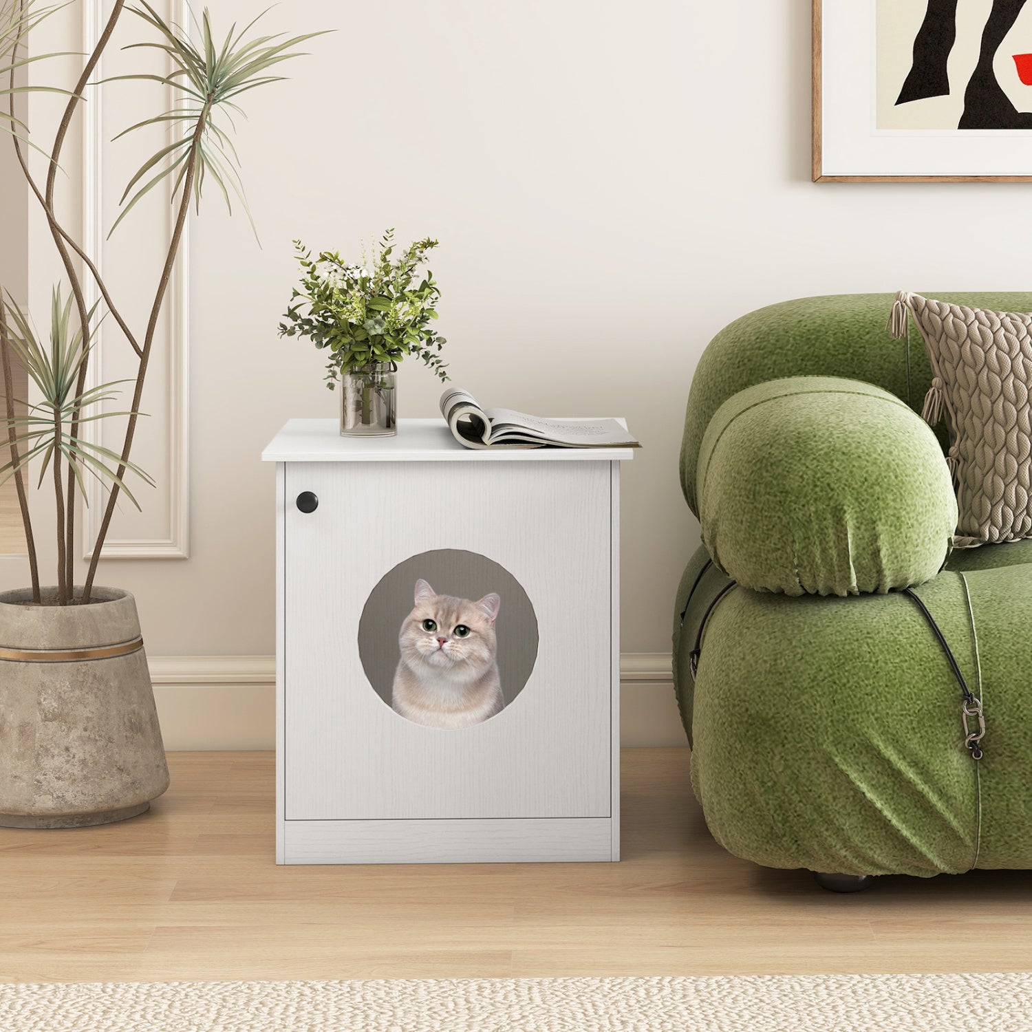 Modern Cat Litter Box Enclosure for Small to Large Cats-White