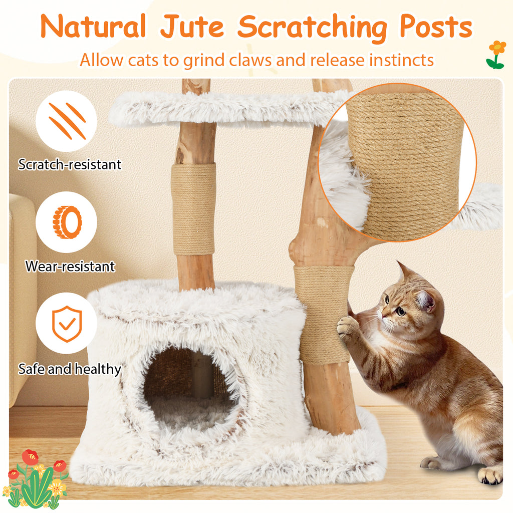Modern Cat Tree 53 Inch Tall Natural Branch Wooden Cat Tower with Jute Scratching Posts-White