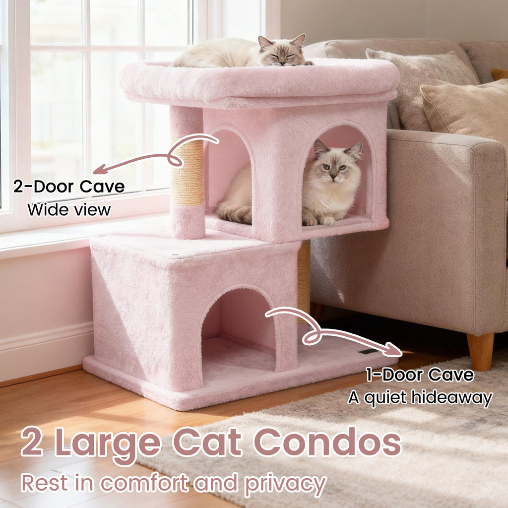 Modern Cat Tree Space-saving Cat Tower with Upholstered Perch and 2 Cat Condos-Pink