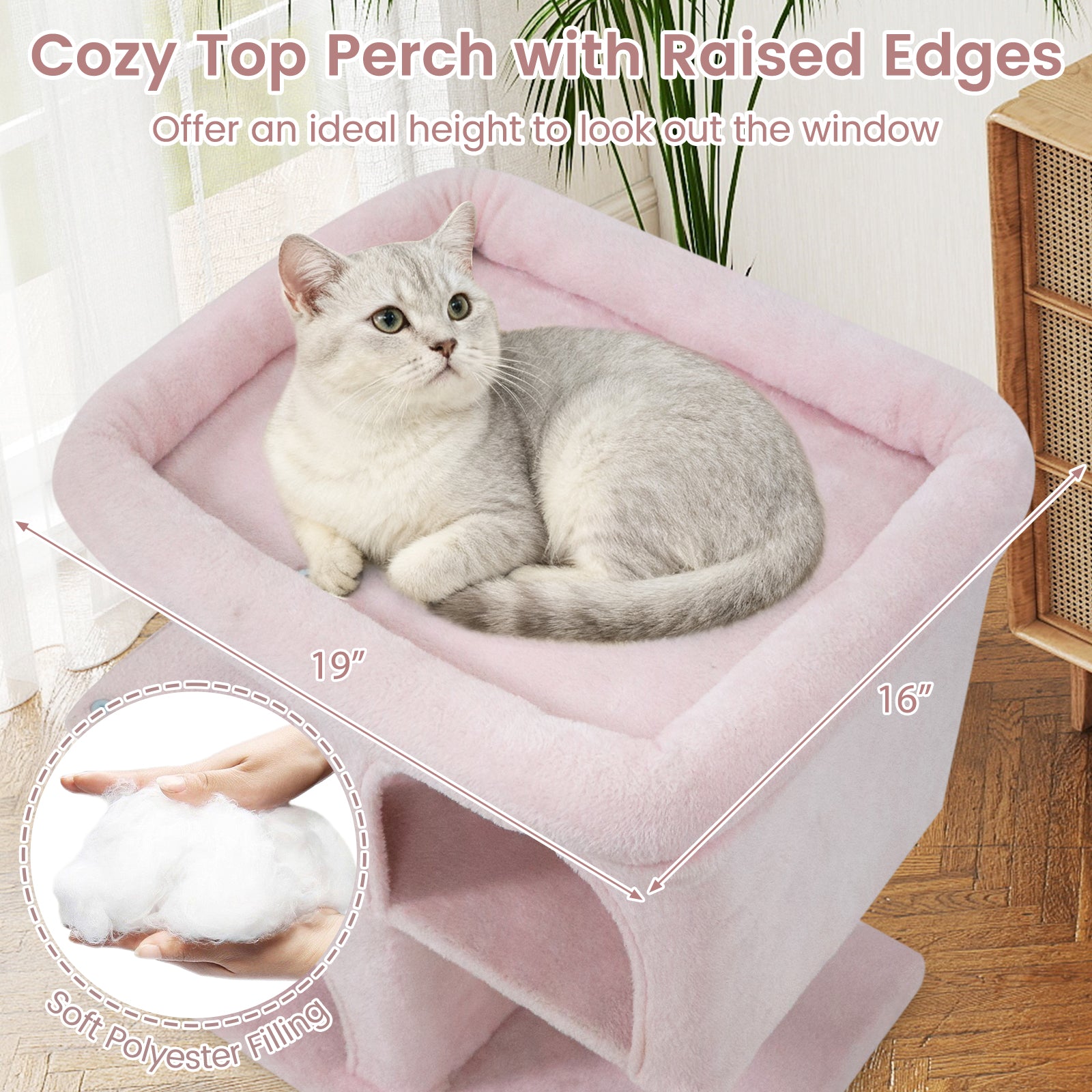 Modern Cat Tree Space-saving Cat Tower with Upholstered Perch and 2 Cat Condos-Pink