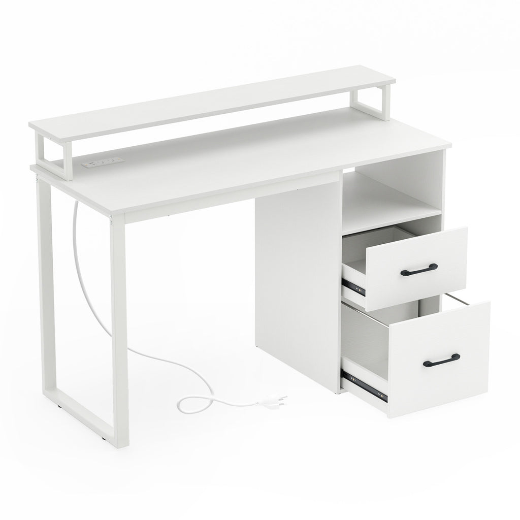 Modern Computer Desk with Power Outlets and File Drawer-White