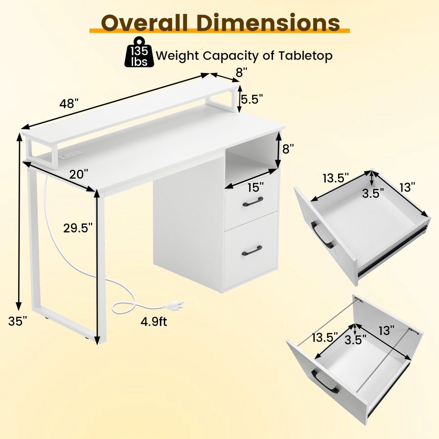 Modern Computer Desk with Power Outlets and File Drawer-White