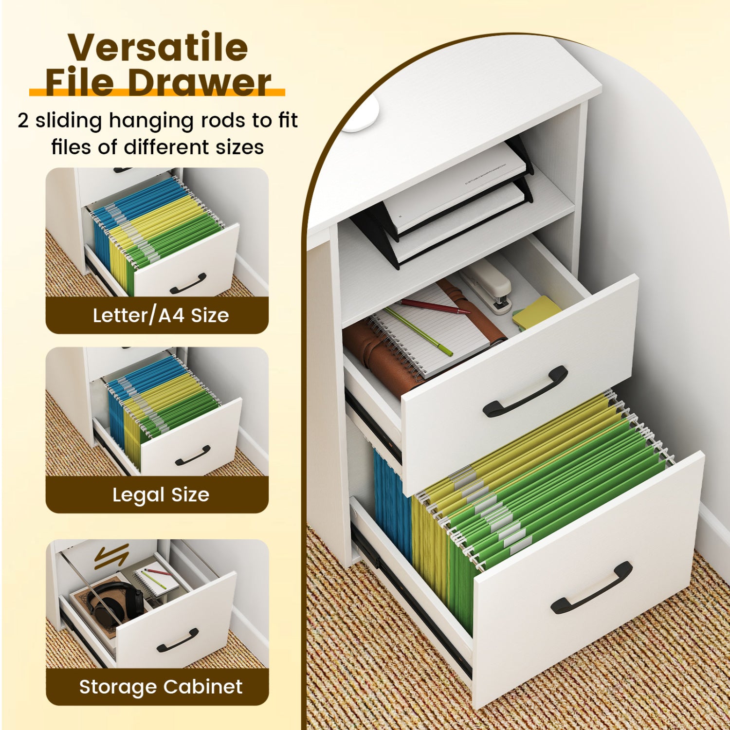 Modern Computer Desk with Power Outlets and File Drawer-White