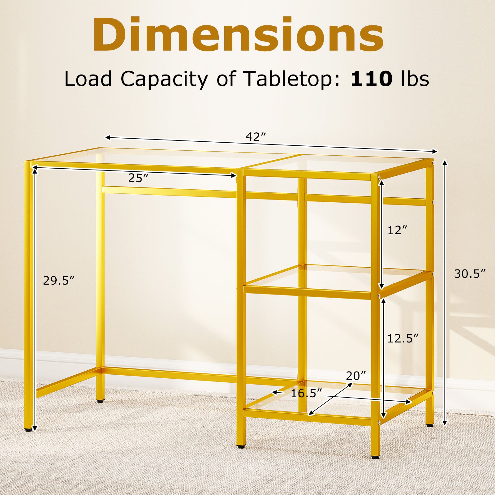 Modern Console Table with 2 Open Shelves and Metal Frame-Golden