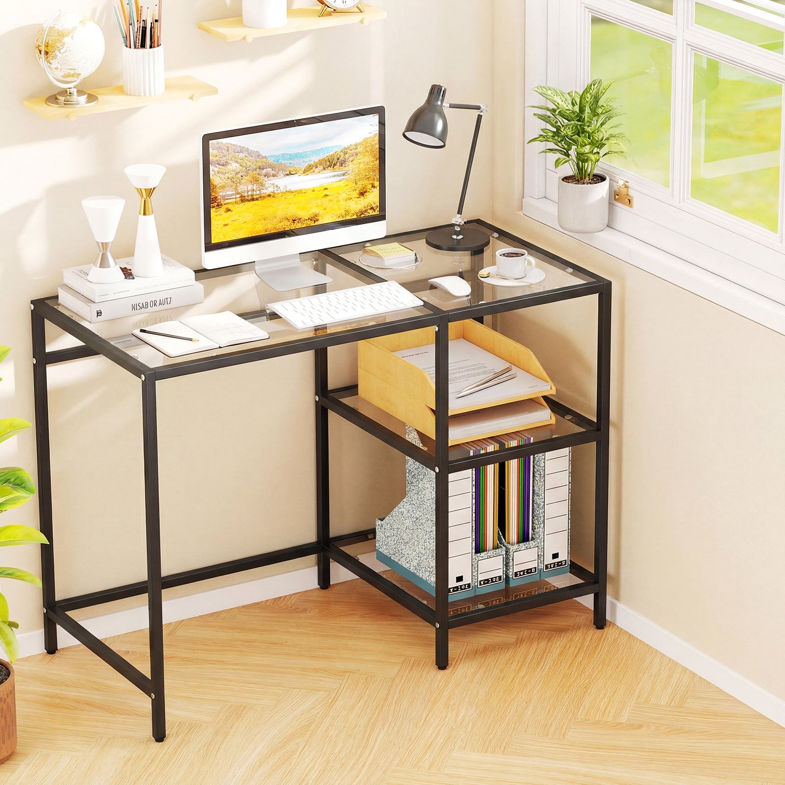 Modern Console Table with 2 Open Shelves and Metal Frame-Black