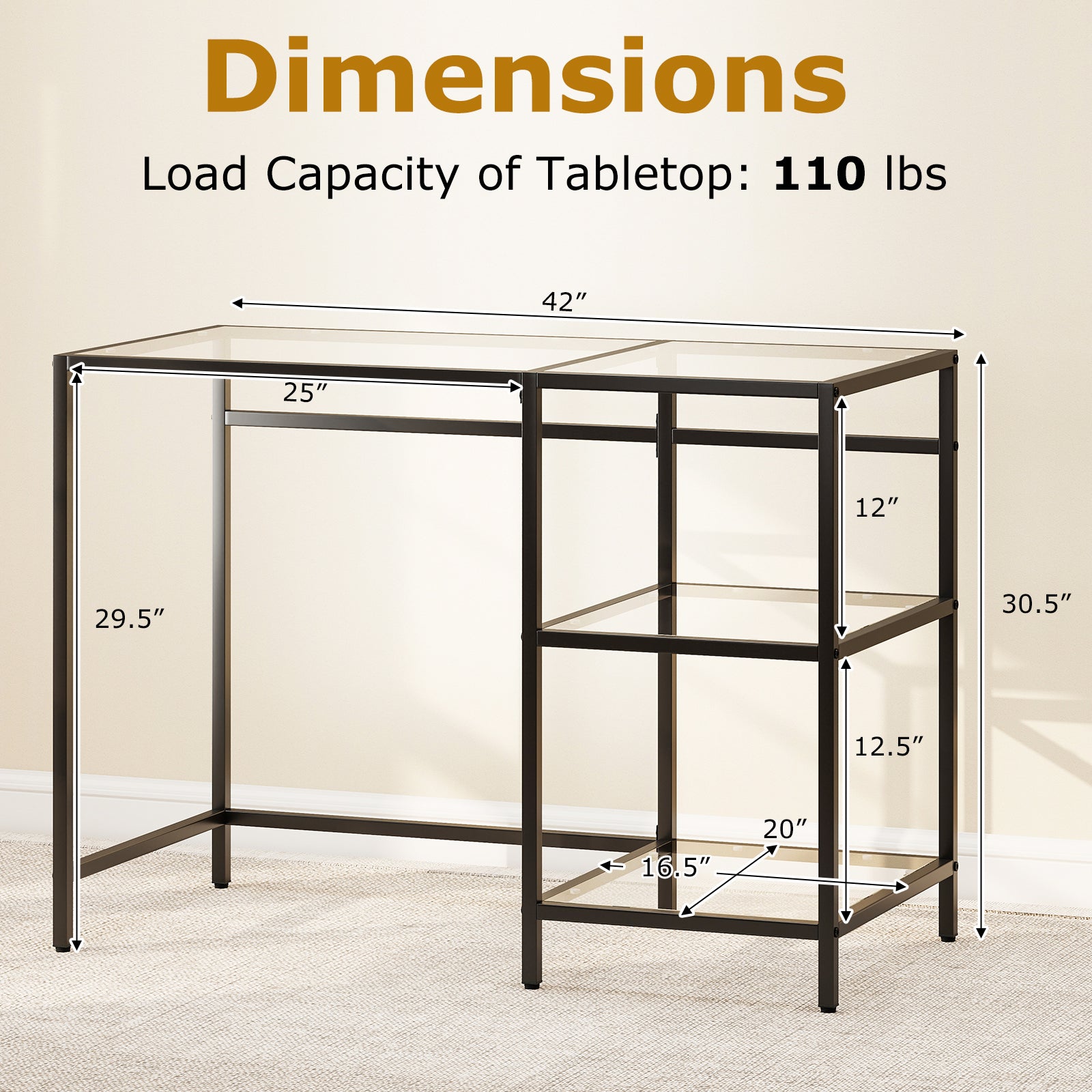 Modern Console Table with 2 Open Shelves and Metal Frame-Black