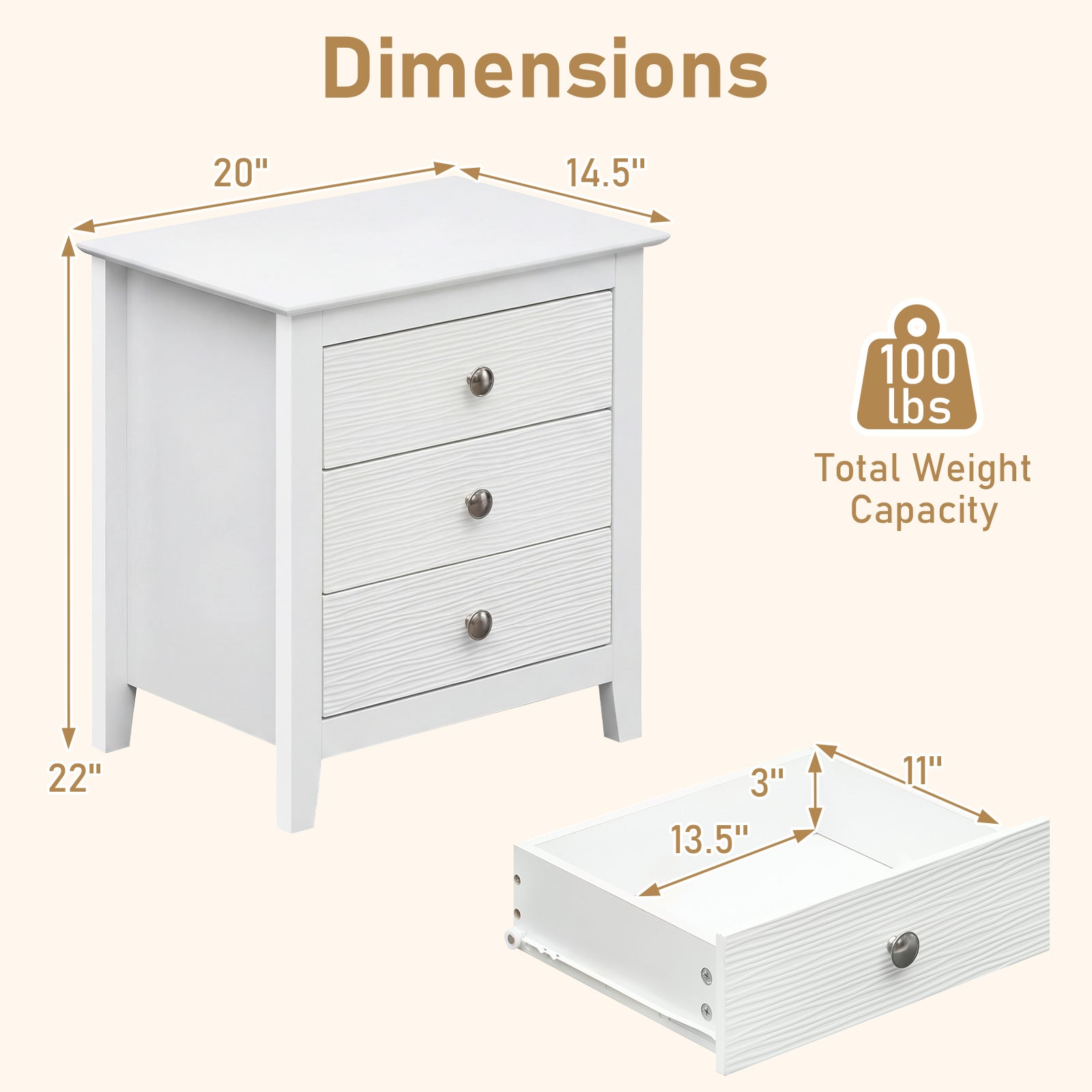 Modern Farmhouse 3-Drawer NightStand with Wood Grain Accents and Sleek Knobs-White