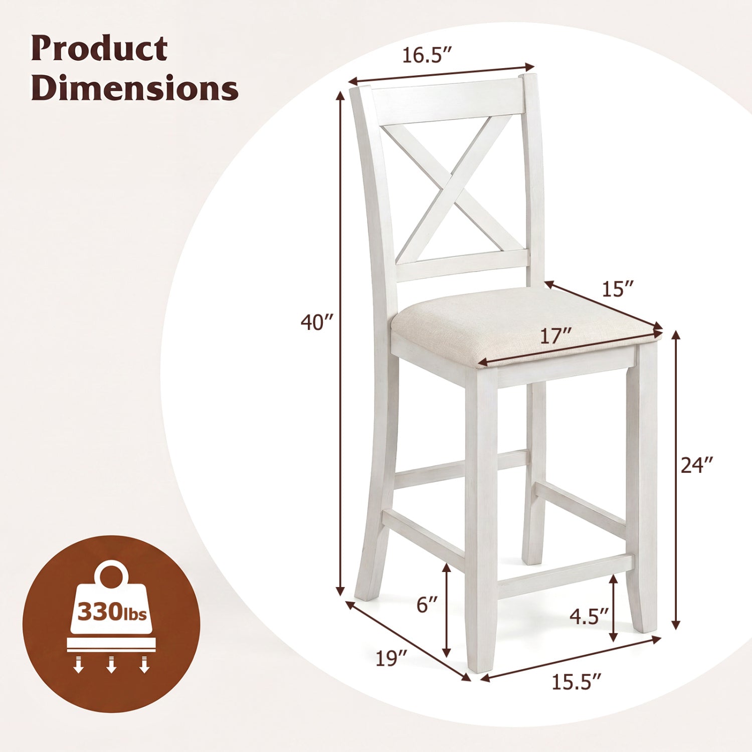 Modern Farmhouse Counter Height Stools with Footrest and Cushion-White