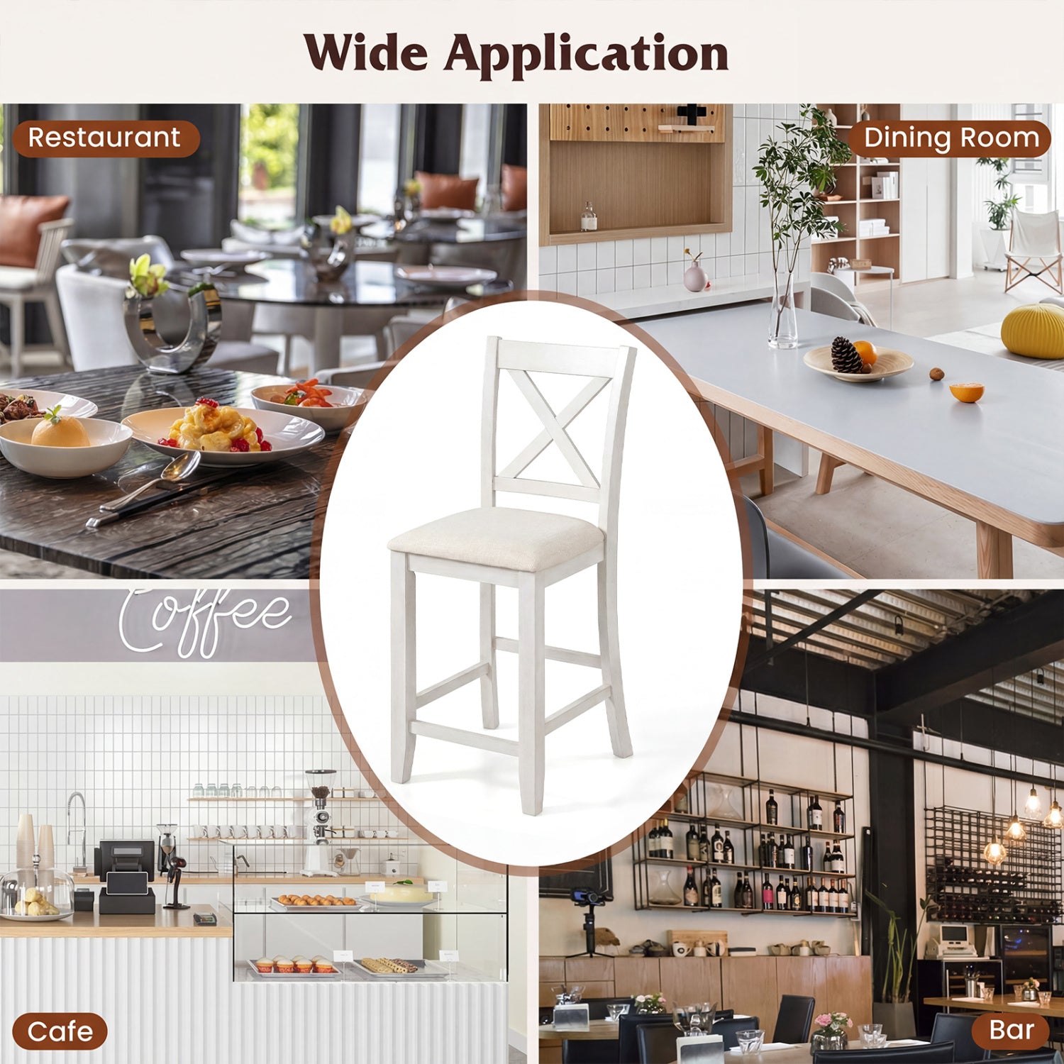 Modern Farmhouse Counter Height Stools with Footrest and Cushion-White