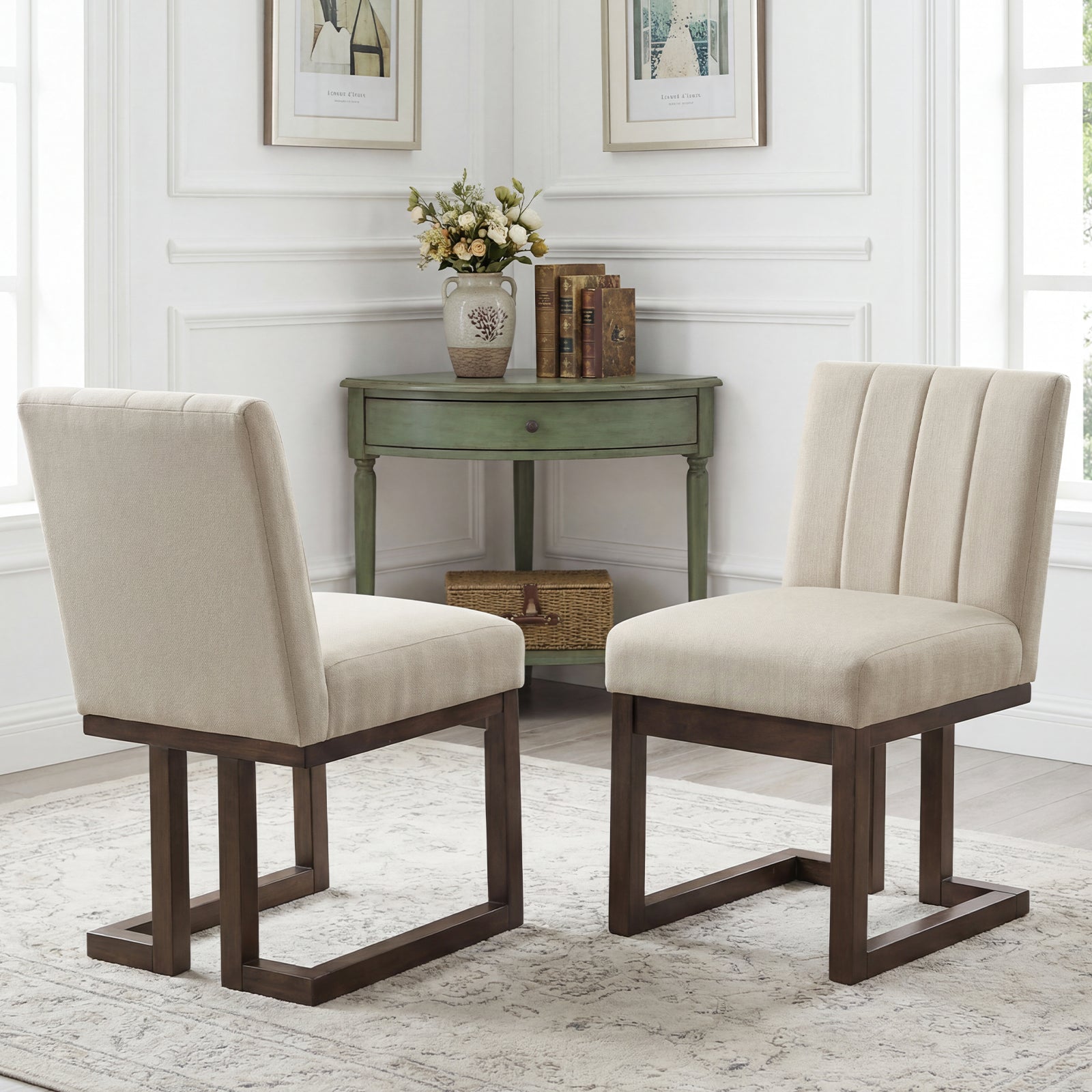 Modern Farmhouse Fabric Dining Chairs Set of 2 with 5.5" Thickened Padded Seat-Walnut