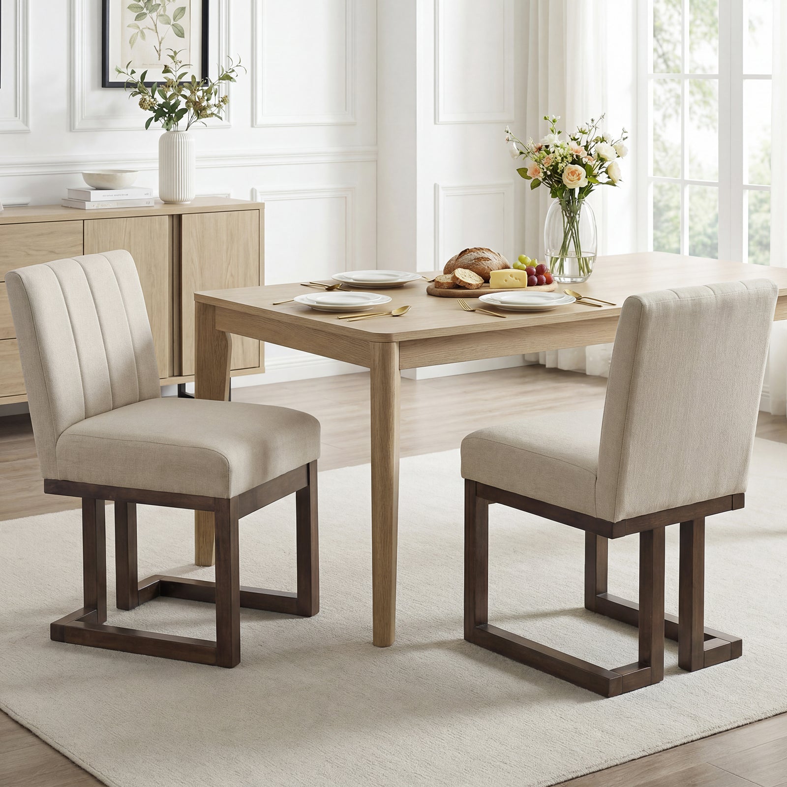 Modern Farmhouse Fabric Dining Chairs Set of 2 with 5.5" Thickened Padded Seat-Walnut