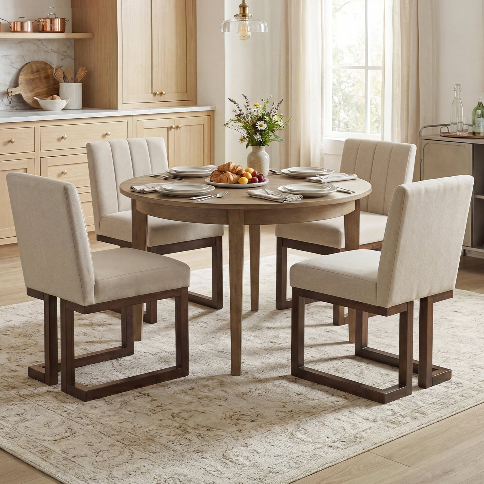 Modern Farmhouse Fabric Dining Chairs Set of 4 with 5.5" Thickened Padded Seat-Walnut