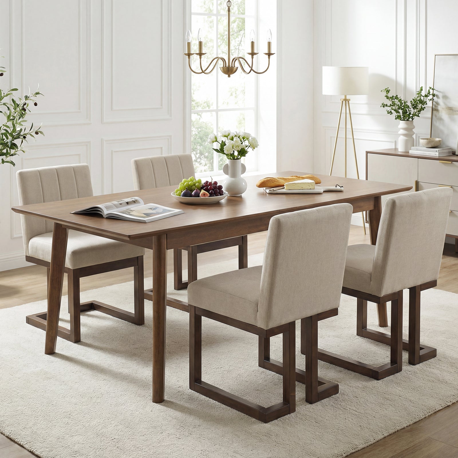 Modern Farmhouse Fabric Dining Chairs Set of 4 with 5.5" Thickened Padded Seat-Walnut