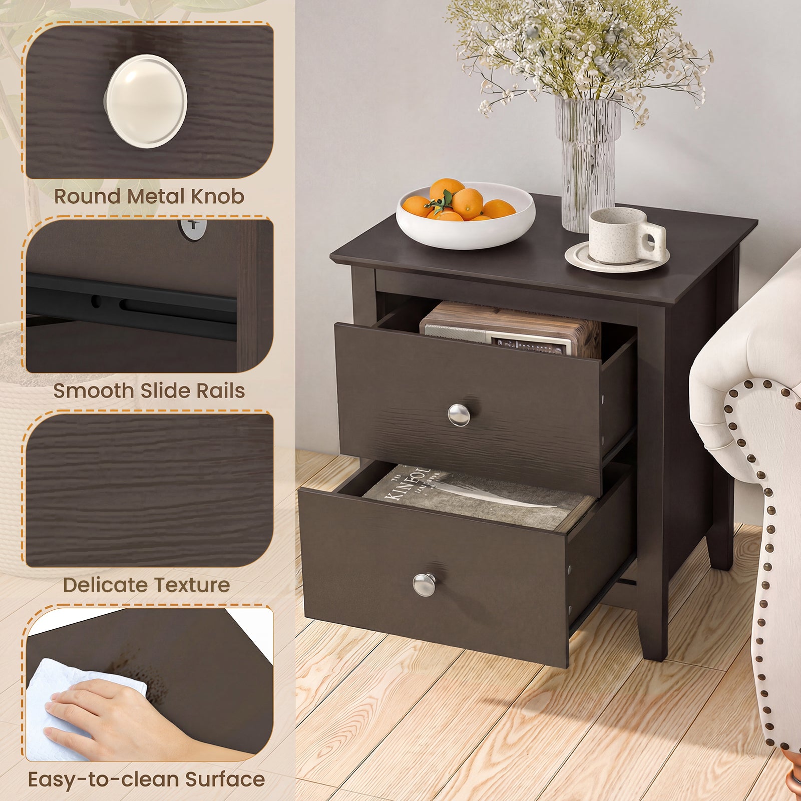 Modern Nightstand with 2 Drawers for Small Spaces-Brown