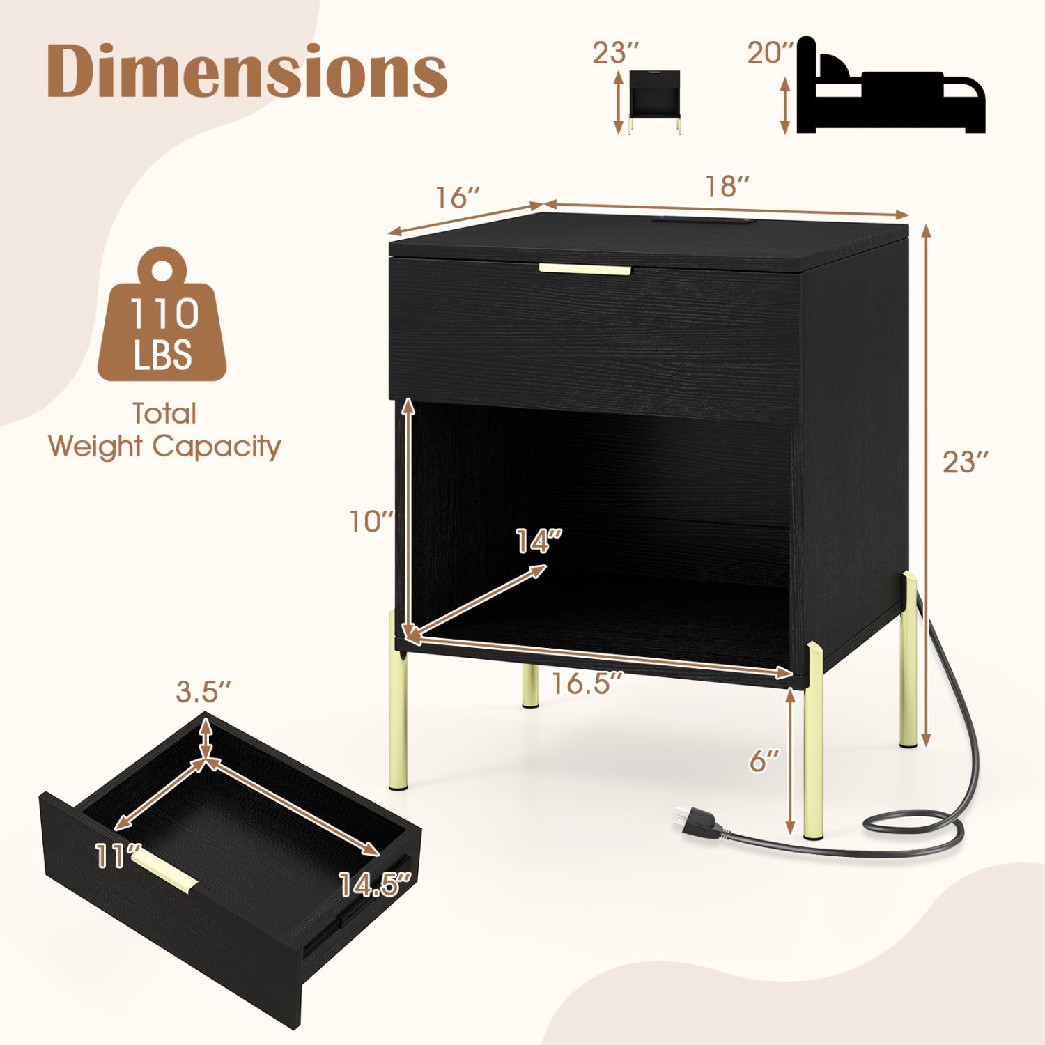 Modern Nightstand with Charging Station-Black