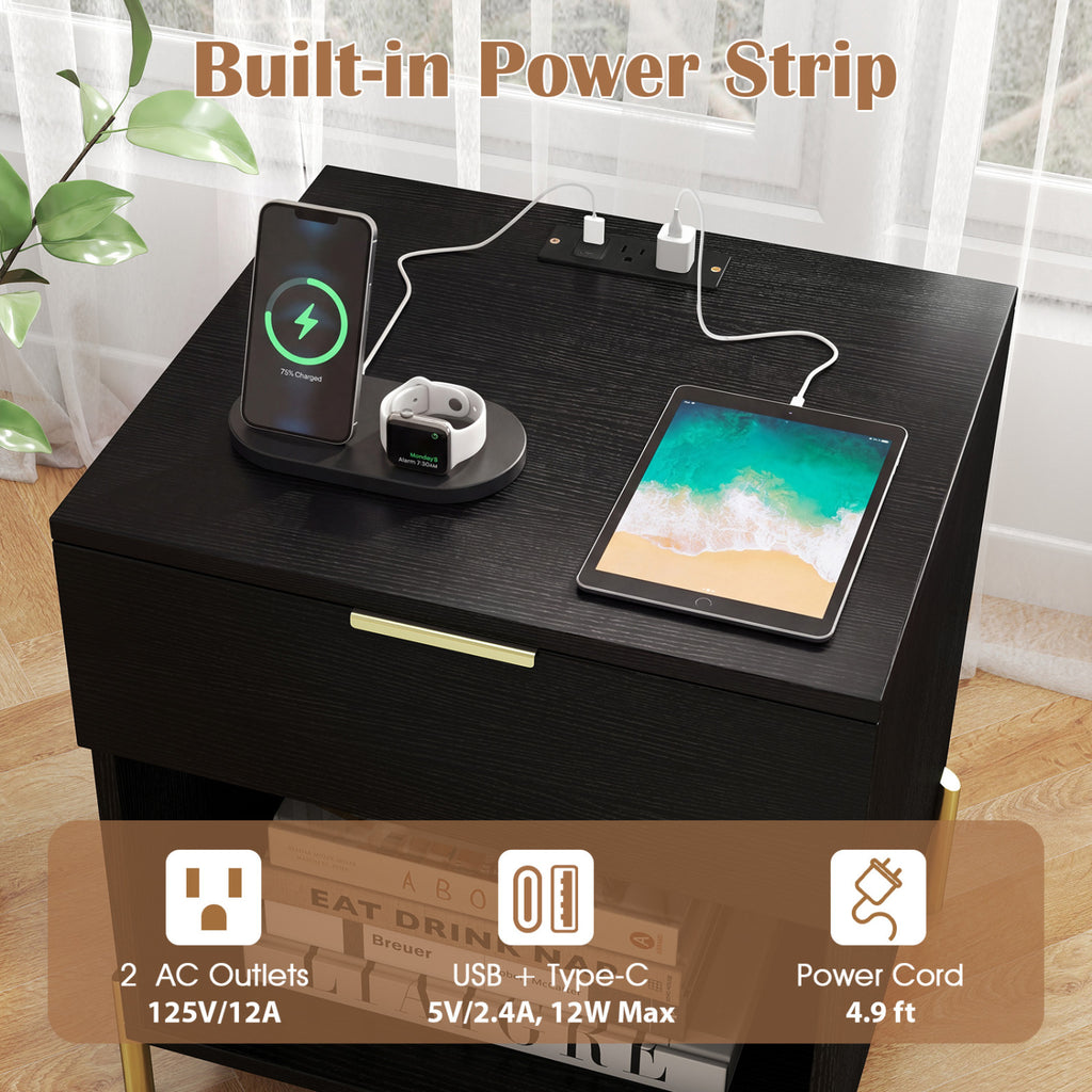 Modern Nightstand with Charging Station-Black