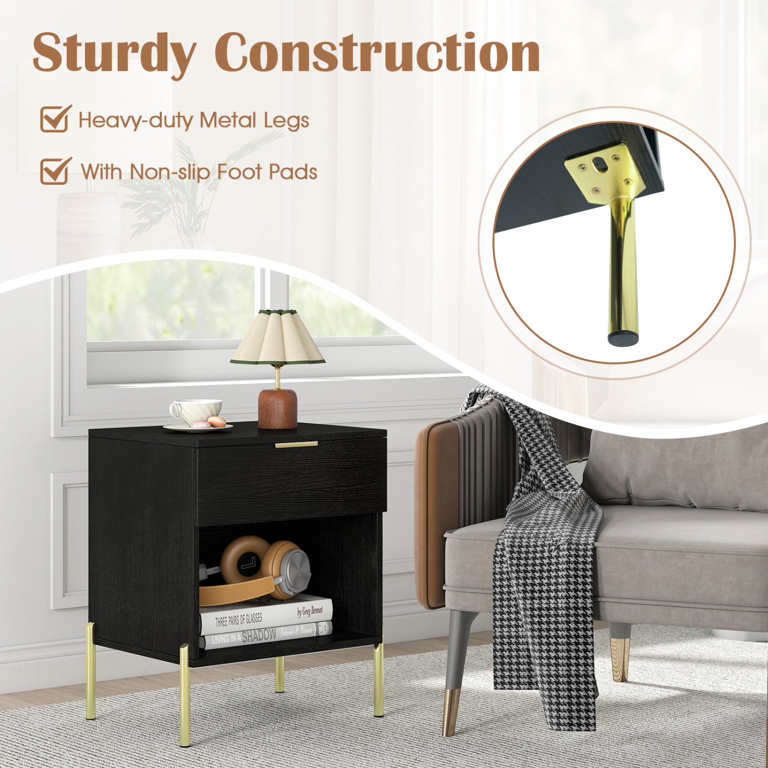Modern Nightstand with Charging Station-Black