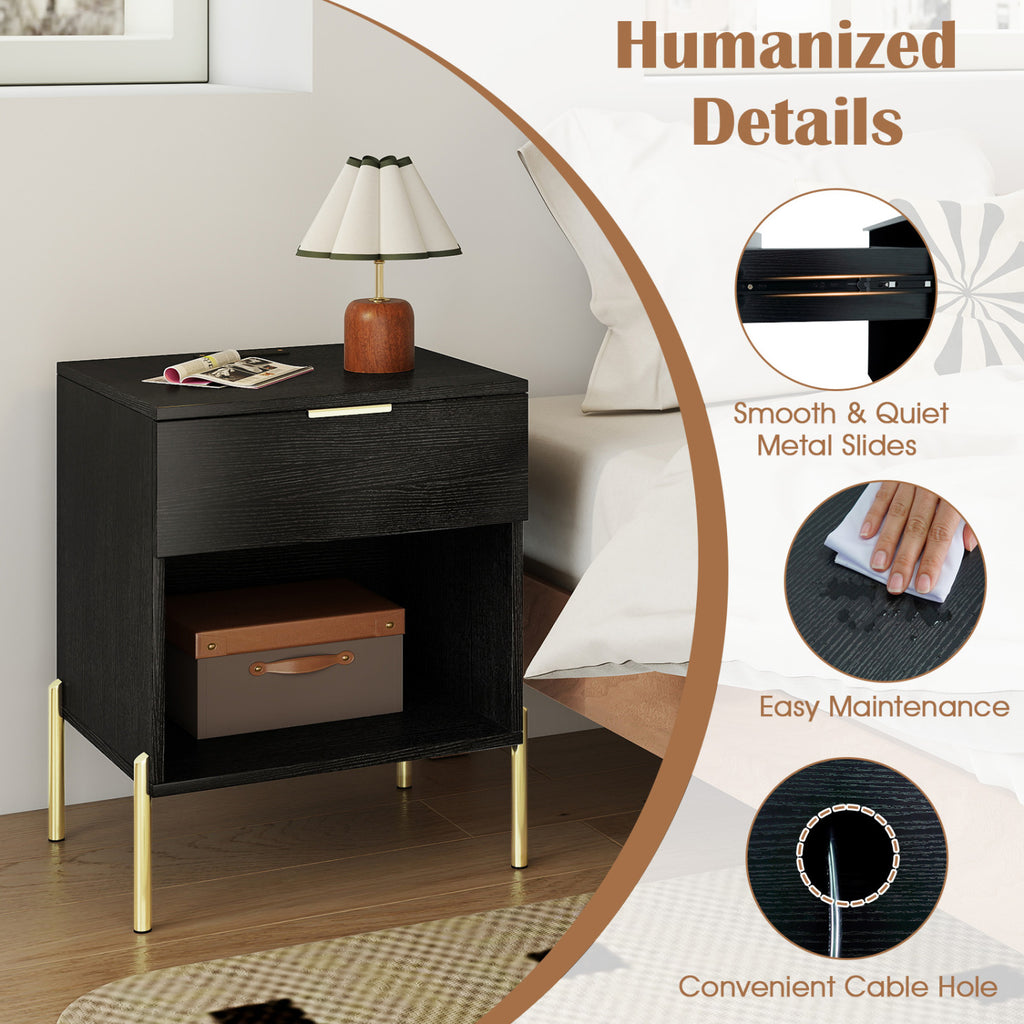 Modern Nightstand with Charging Station-Black