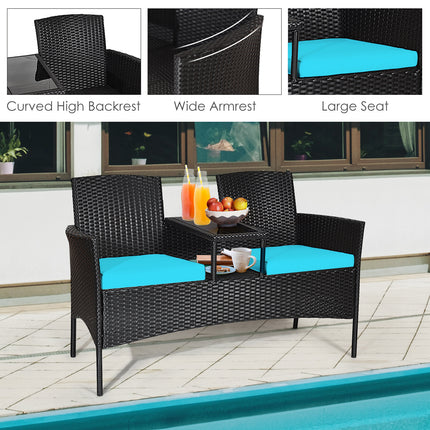 Modern Patio Conversation Set with Built-in Coffee Table and Cushions -Turquoise
