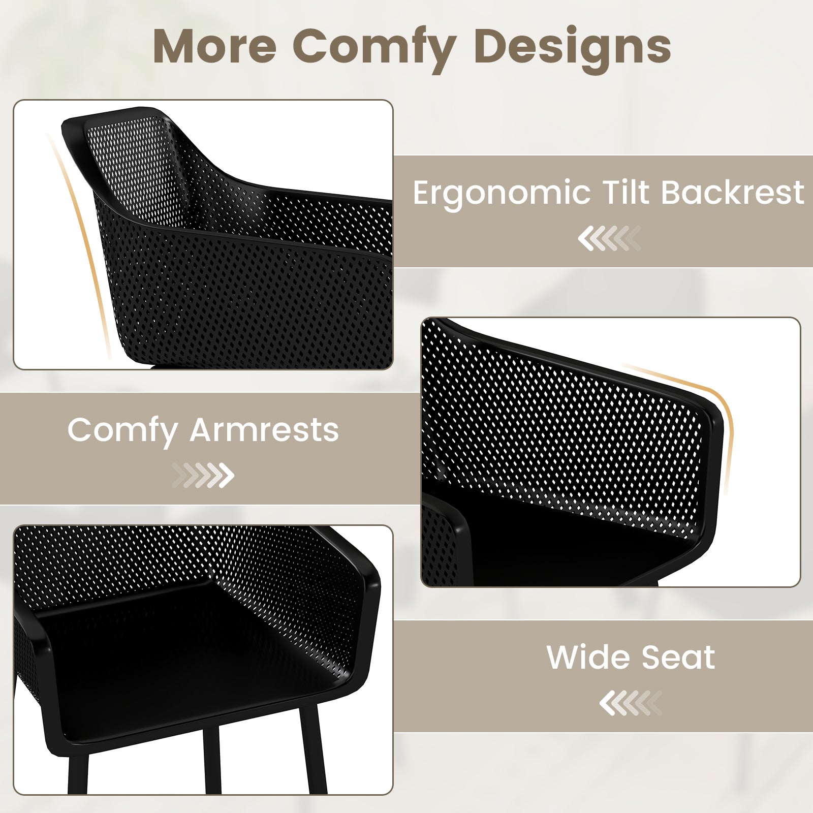 Modern Plastic Dining Chairs Set of 4 Kitchen Armchairs with Breathable Mesh Backrest-Black