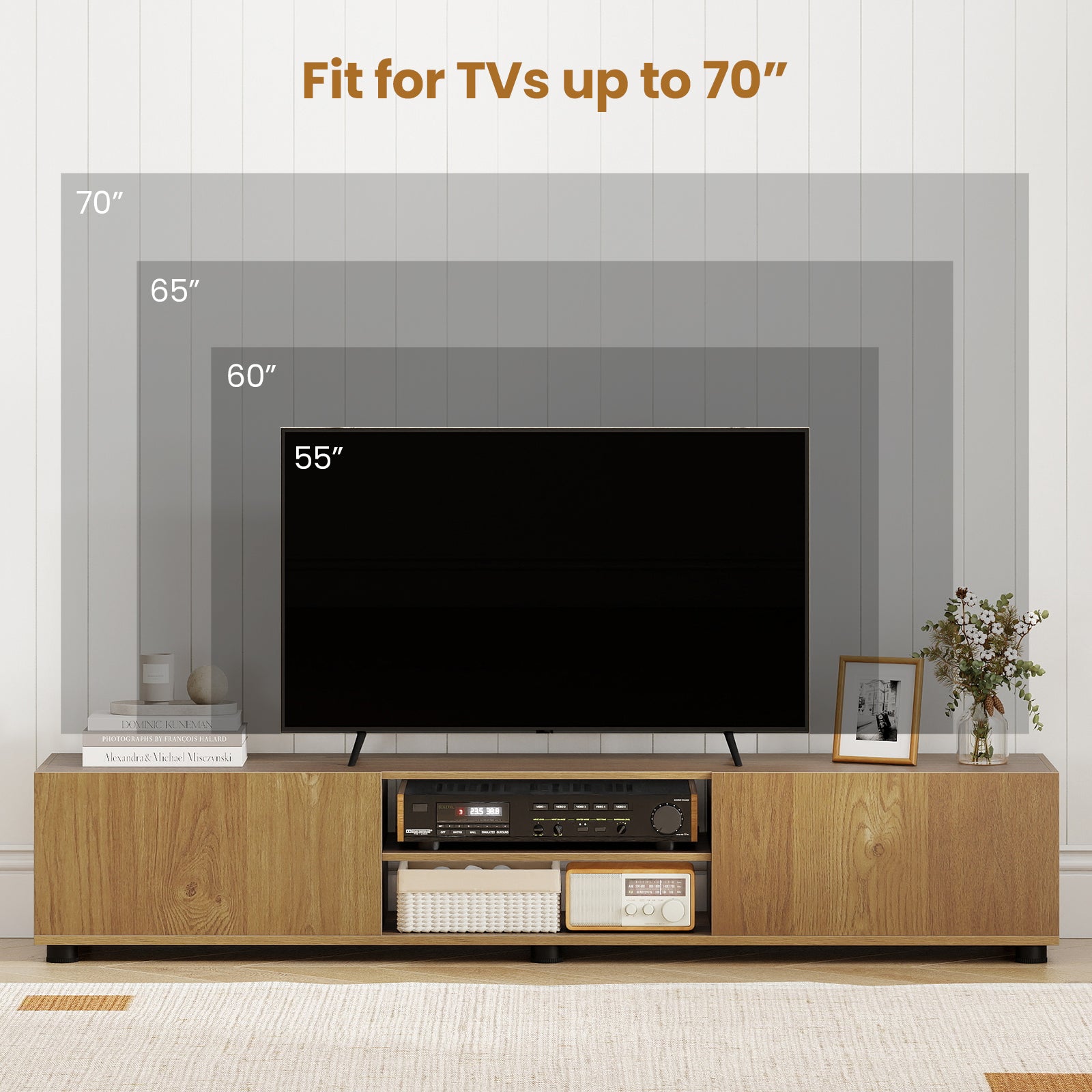 Modern TV Stand for up to 70" TVs Minimalist Entertainment Center with 2 Doors and Open Shelves-Natural