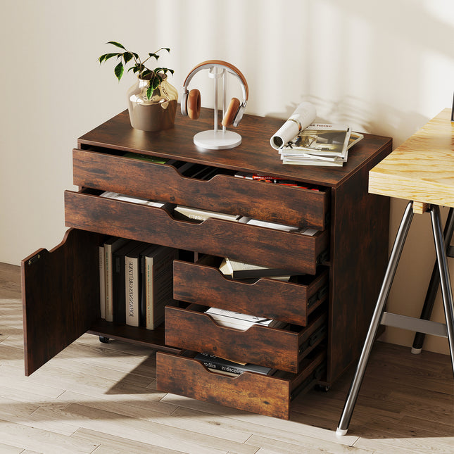 Modern Vertical 5-Drawer Mobile Chest with Door 5 Casters-Brown