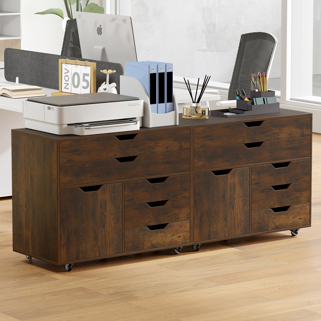 Modern Vertical 5-Drawer Mobile Chest with Door 5 Casters-Brown