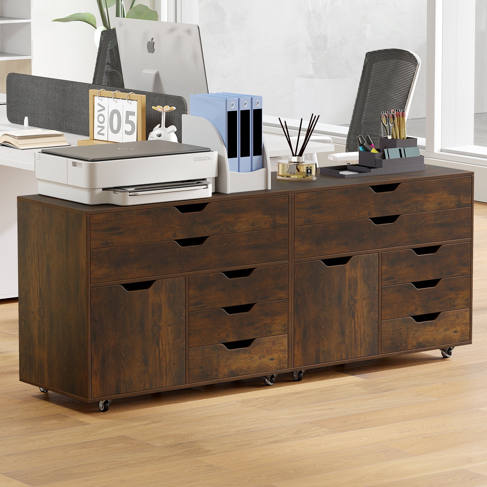 Modern Vertical 5-Drawer Mobile Chest with Door 5 Casters-Brown