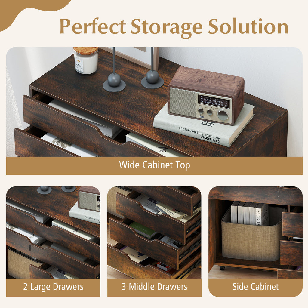Modern Vertical 5-Drawer Mobile Chest with Door 5 Casters-Brown