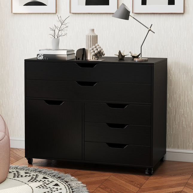 Modern Vertical 5-Drawer Mobile Chest with Door 5 Casters-Black