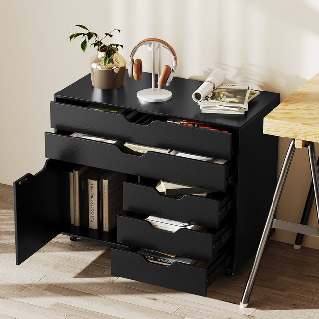 Modern Vertical 5-Drawer Mobile Chest with Door 5 Casters-Black