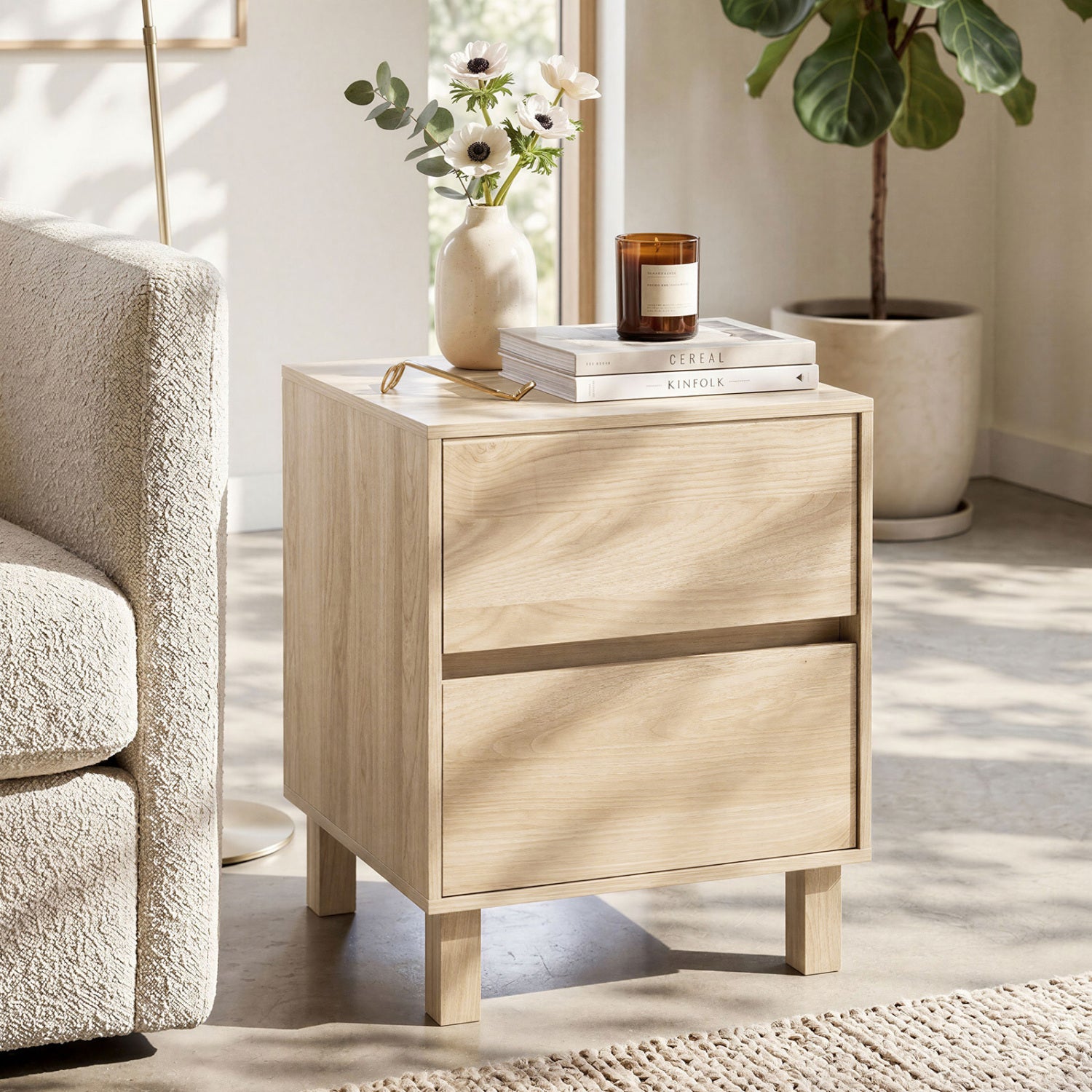 Modern WoodenEnd Table with 2 Storage Drawers-Natural