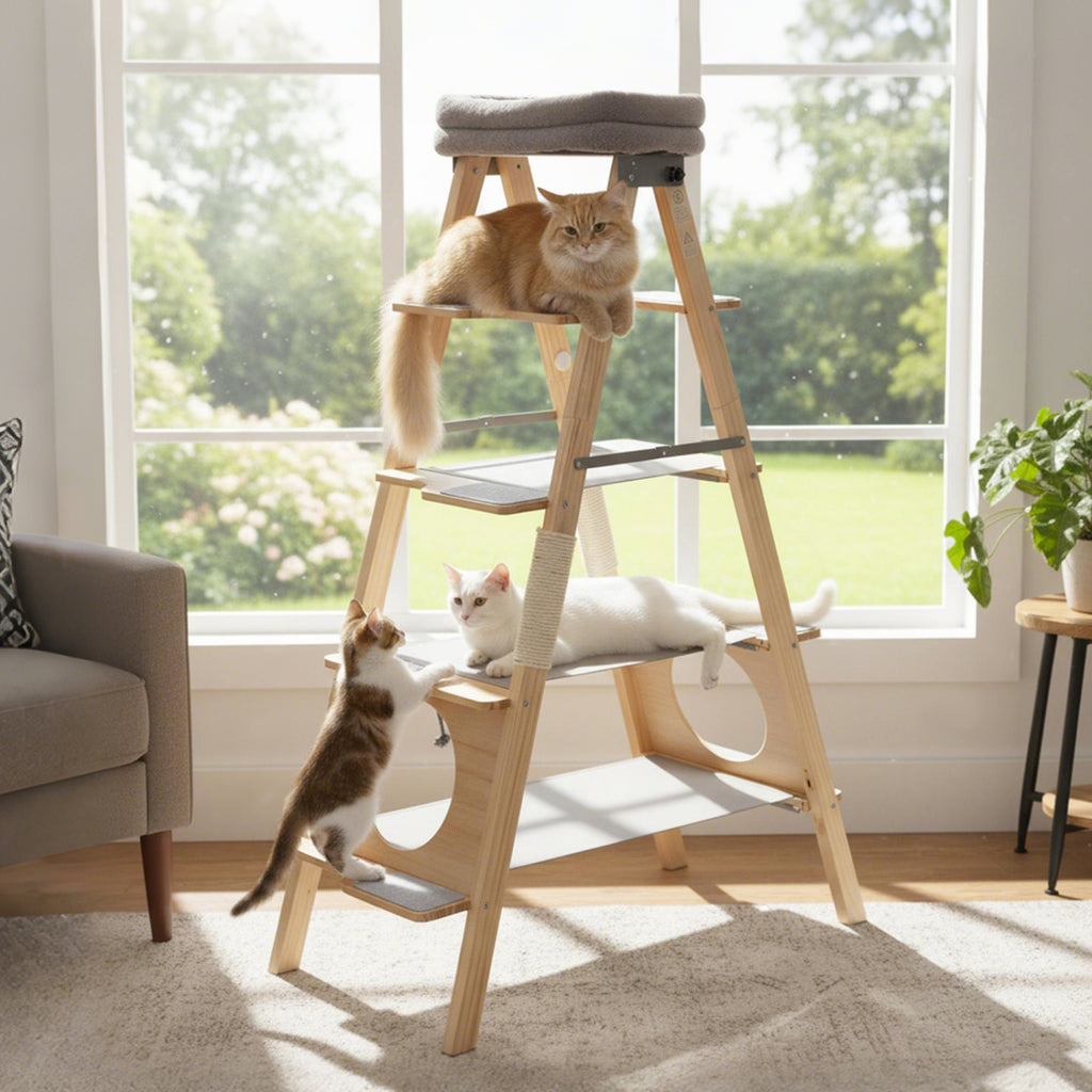 Modern Wooden Cat Tree Foldable Cat Climbing Furniture-Gray