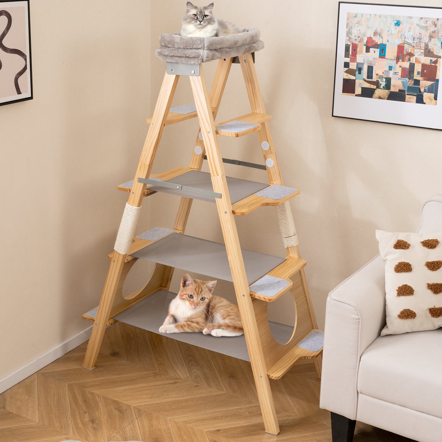 Modern Wooden Cat Tree Foldable Cat Climbing Furniture-Gray