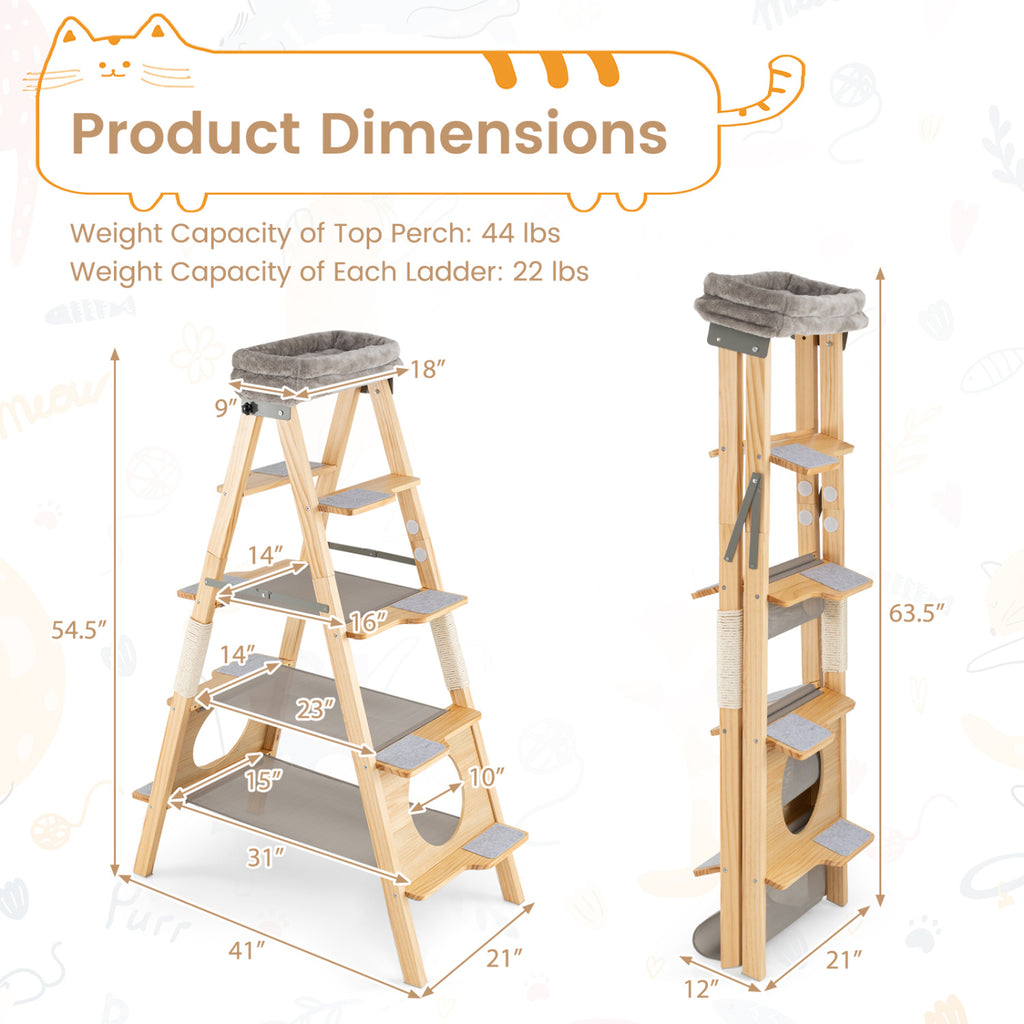 Modern Wooden Cat Tree Foldable Cat Climbing Furniture-Gray
