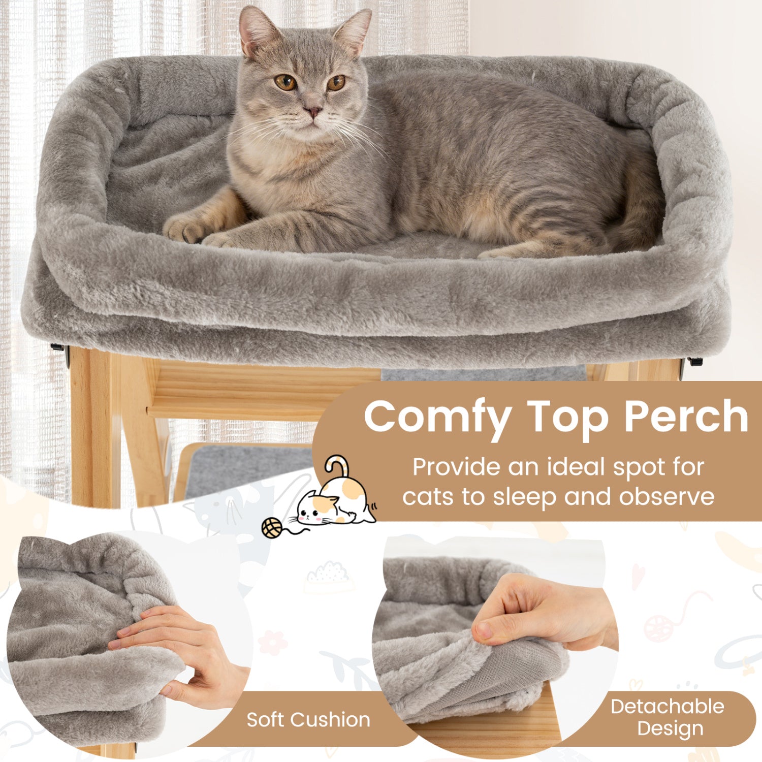 Modern Wooden Cat Tree Foldable Cat Climbing Furniture-Gray