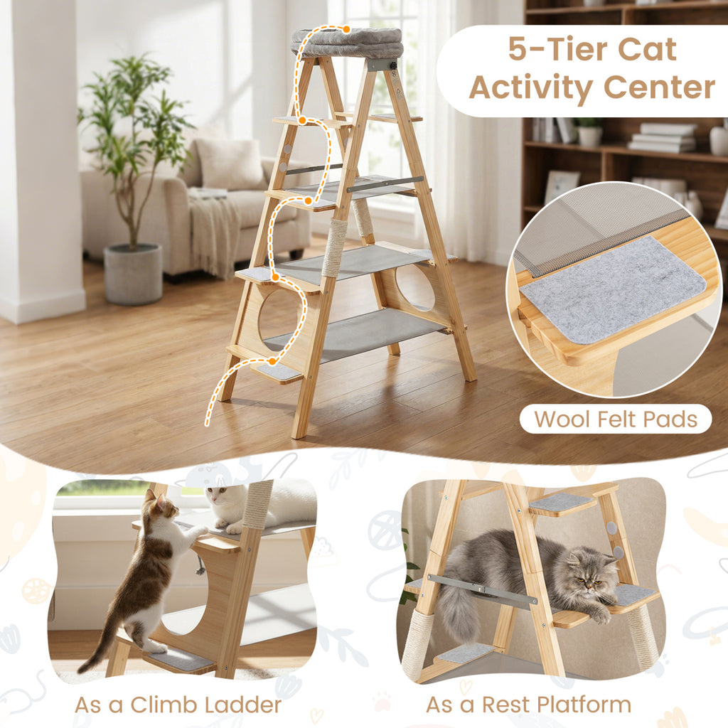 Modern Wooden Cat Tree Foldable Cat Climbing Furniture-Gray