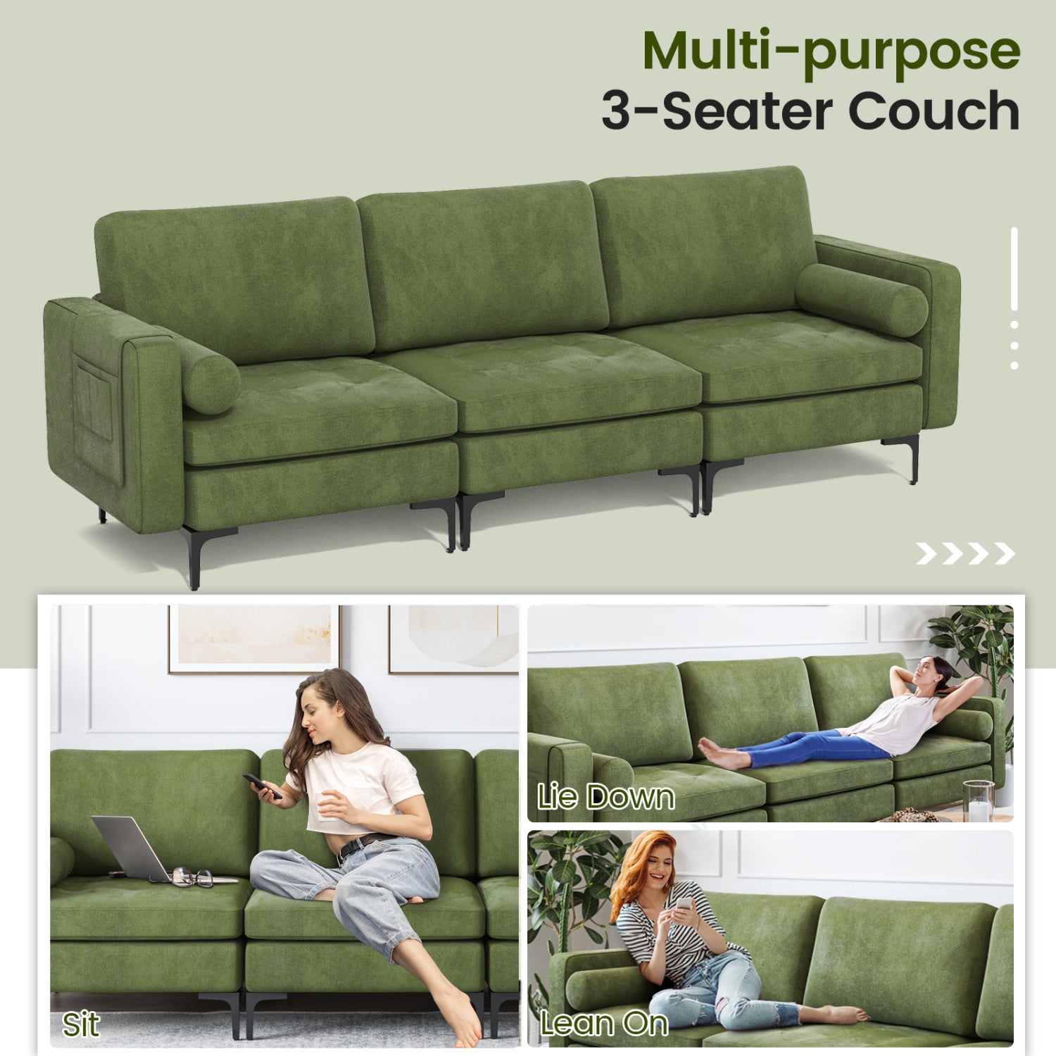 Modular 3-Seat Sofa Couch with Socket USB Ports and Side Storage Pocket-Green