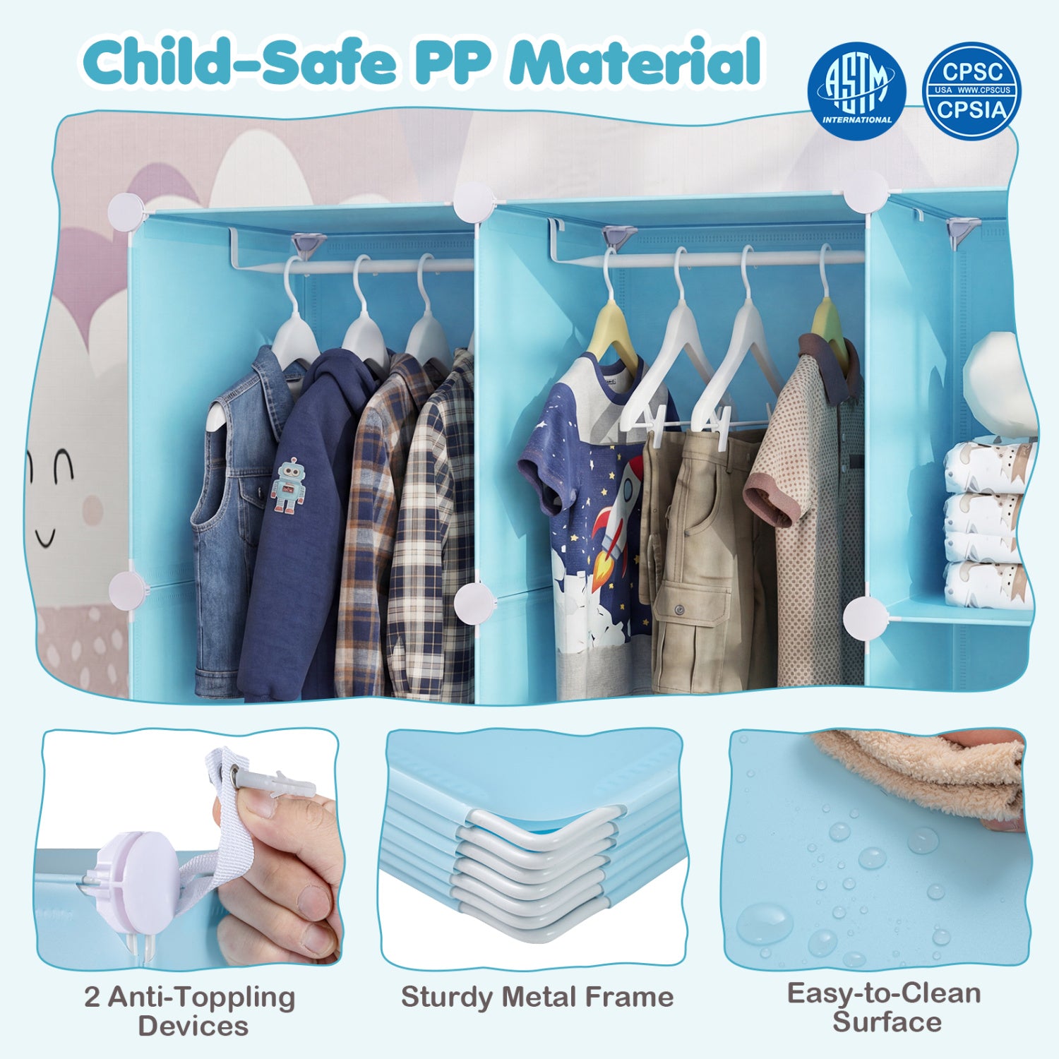 Modular Baby Wardrobe with 13 Cubes and Hanging Rod and Shelves Stackable-Blue