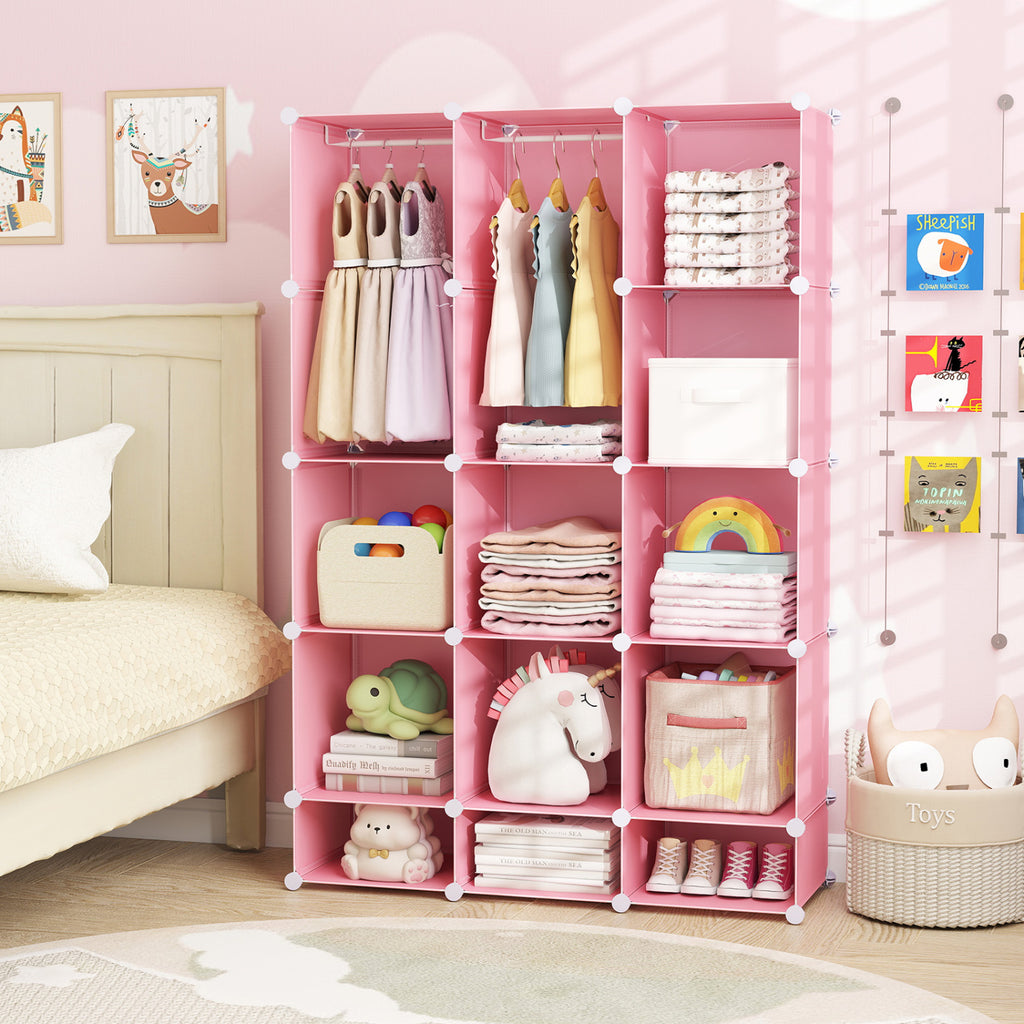 Modular Baby Wardrobe with 13 Cubes and Hanging Rod and Shelves Stackable-Pink