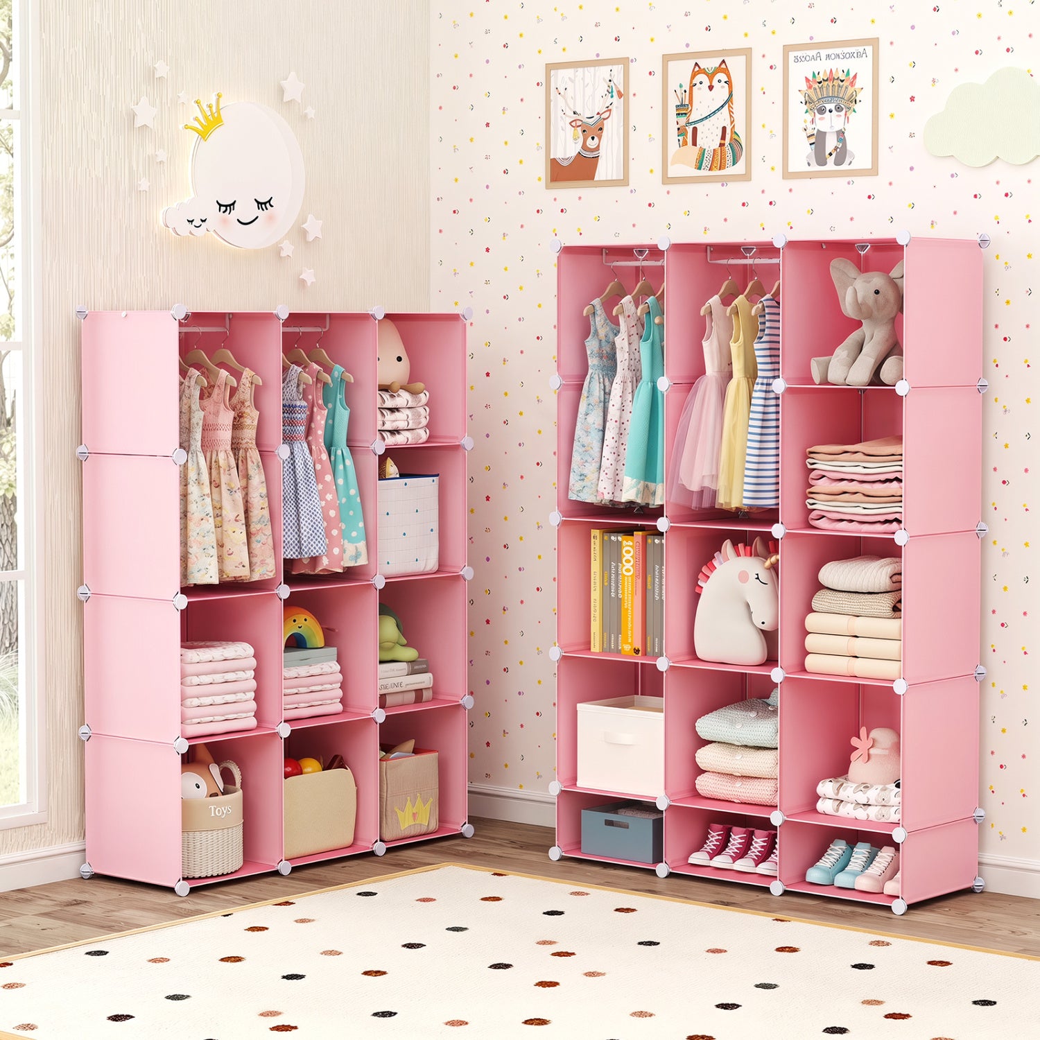 Modular Baby Wardrobe with 13 Cubes and Hanging Rod and Shelves Stackable-Pink