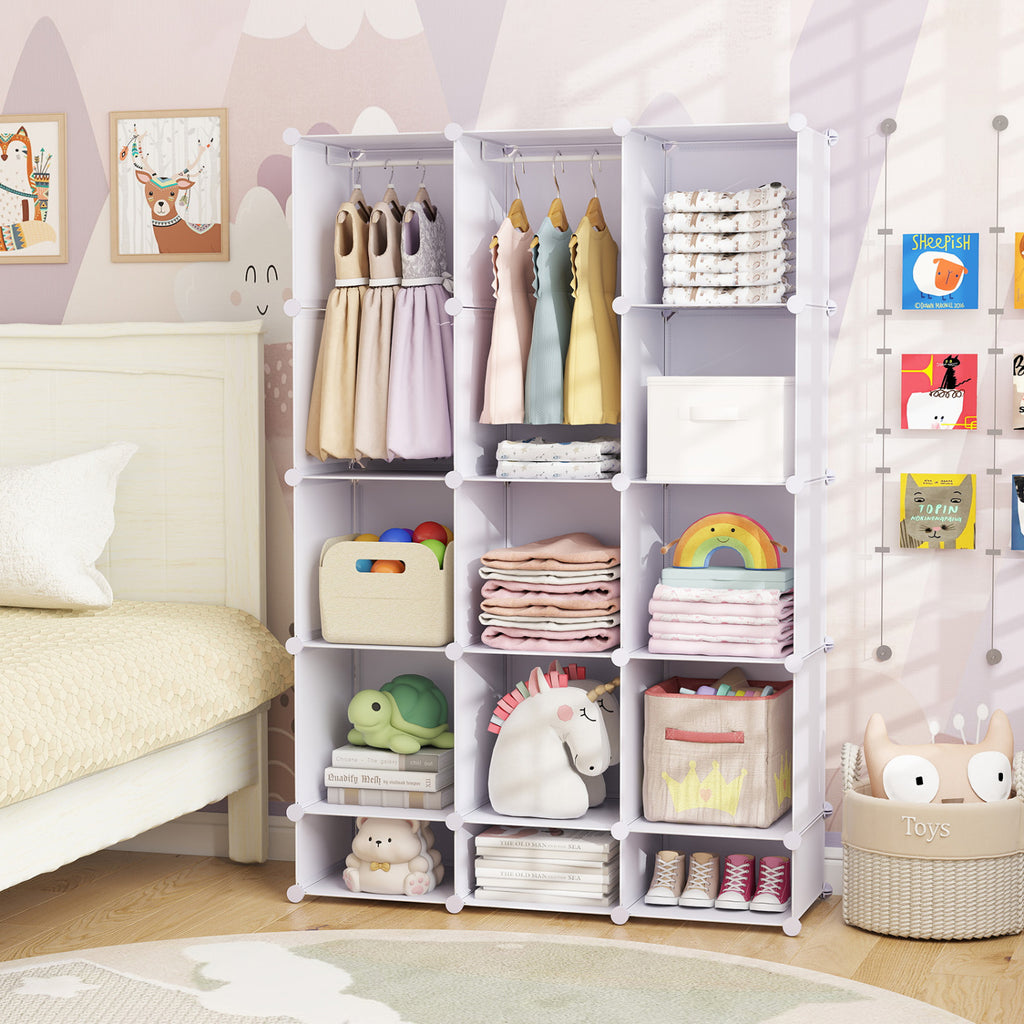 Modular Baby Wardrobe with 13 Cubes and Hanging Rod and Shelves Stackable-White