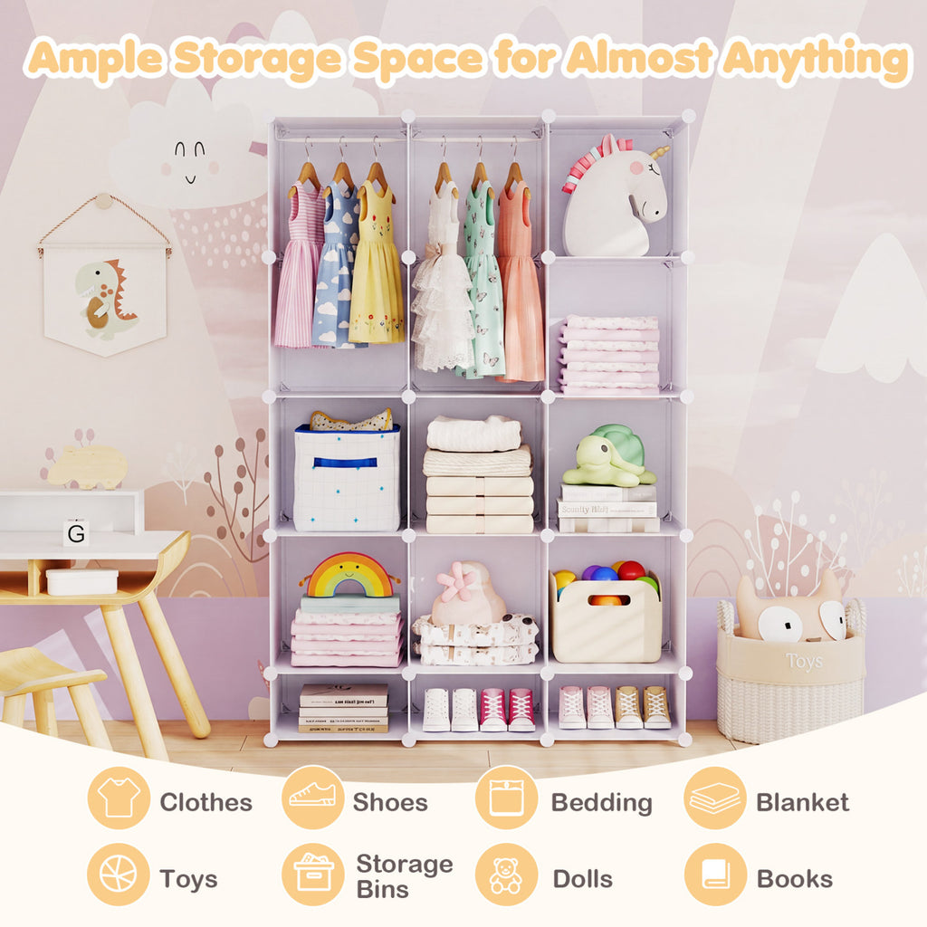 Modular Baby Wardrobe with 13 Cubes and Hanging Rod and Shelves Stackable-White
