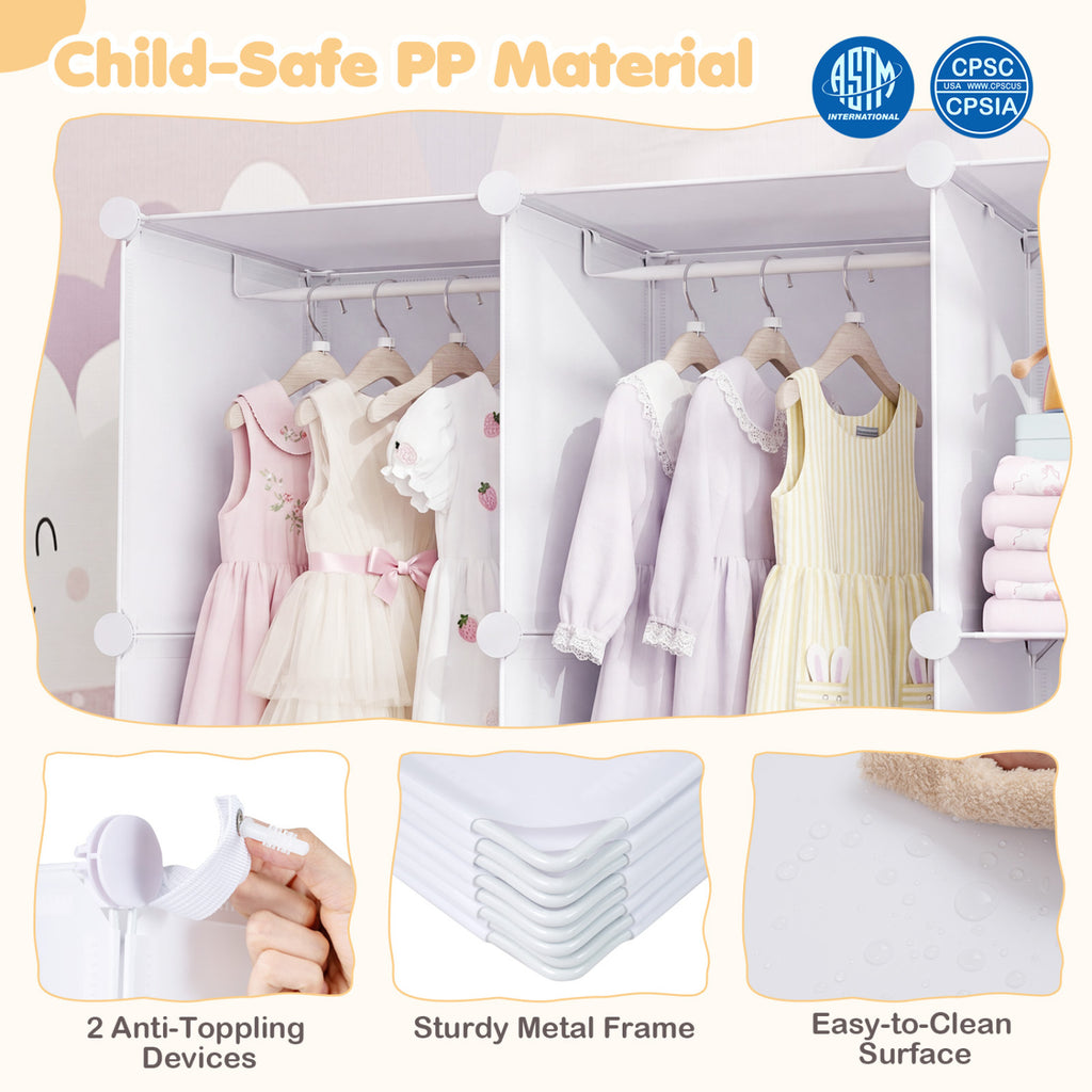Modular Baby Wardrobe with 13 Cubes and Hanging Rod and Shelves Stackable-White