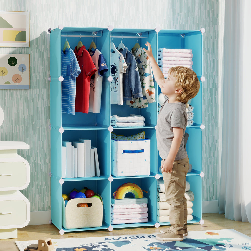Modular Baby Wardrobe with 10 Cubes & Hanging Rod and Shelves Stackable-Blue