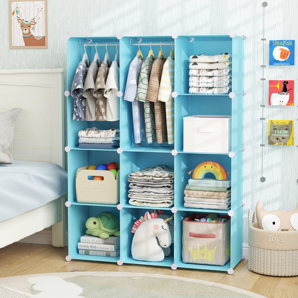 Modular Baby Wardrobe with 10 Cubes & Hanging Rod and Shelves Stackable-Blue