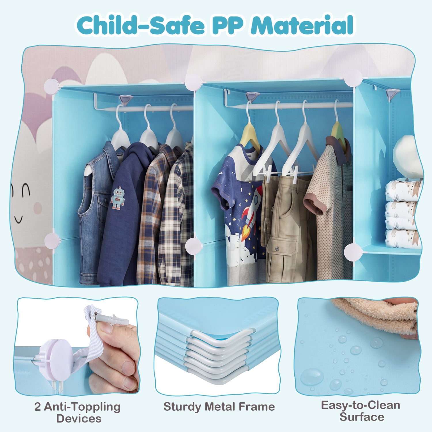 Modular Baby Wardrobe with 10 Cubes & Hanging Rod and Shelves Stackable-Blue