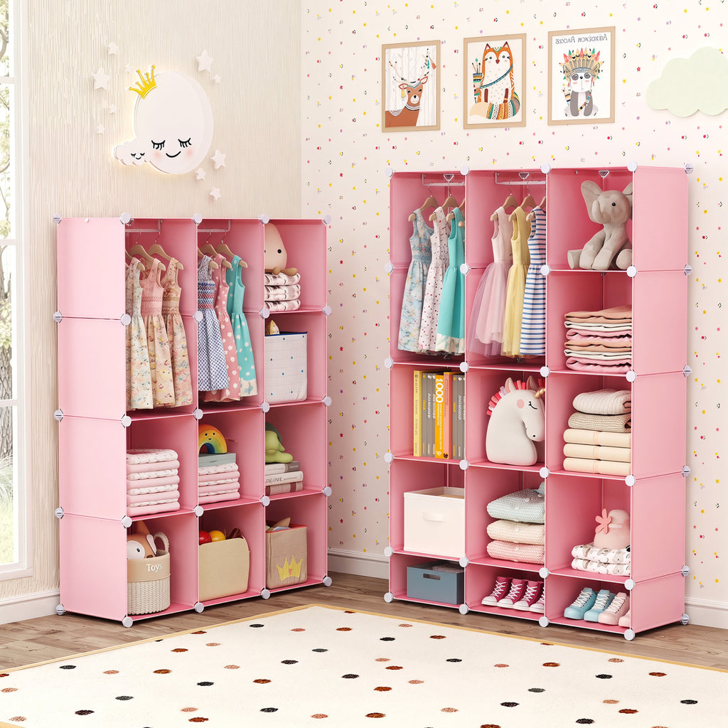 Modular Baby Wardrobe with 10 Cubes & Hanging Rod and Shelves Stackable-Pink